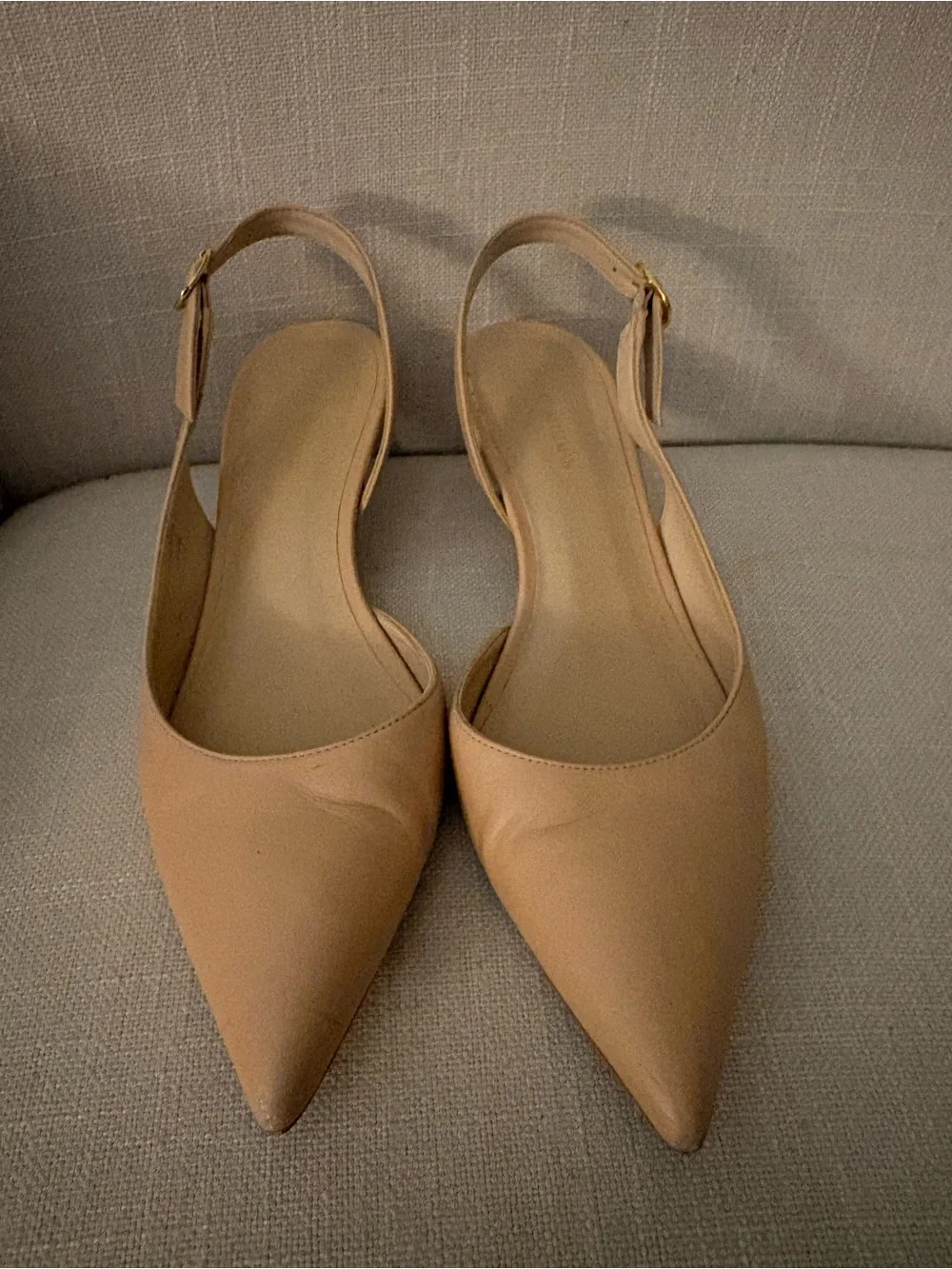 Stuart Weitzman Nude Pointed-Toe Slingback Kitten Heels
